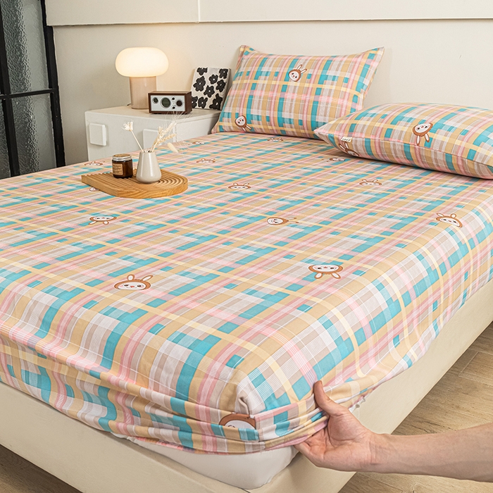 91家纺网 家纺一手货源 找家纺 芃成家纺 2025新款加厚老粗布原棉床笠亲肤单床笠 彩格兔