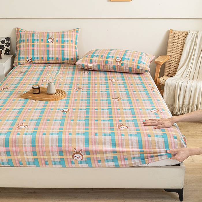 91家纺网 家纺一手货源 找家纺 芃成家纺 2025新款加厚老粗布原棉床笠亲肤单床笠 彩格兔