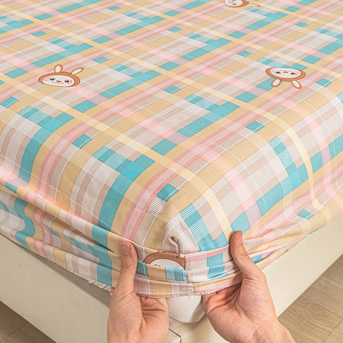 91家纺网 家纺一手货源 找家纺 芃成家纺 2025新款加厚老粗布原棉床笠亲肤单床笠 彩格兔