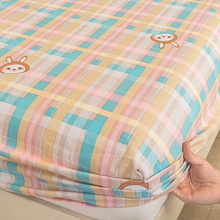 91家纺网 家纺一手货源 找家纺 芃成家纺 2025新款加厚老粗布原棉床笠亲肤单床笠 彩格兔