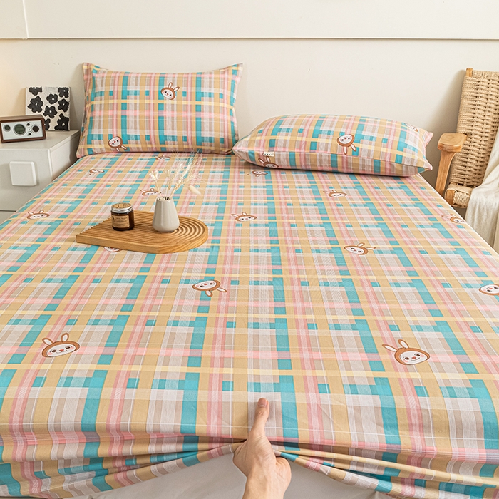 91家纺网 家纺一手货源 找家纺 芃成家纺 2025新款加厚老粗布原棉床笠亲肤单床笠 彩格兔