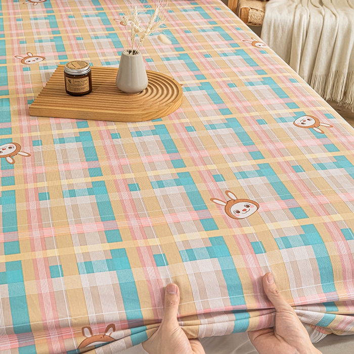 91家纺网 家纺一手货源 找家纺 芃成家纺 2025新款加厚老粗布原棉床笠亲肤单床笠 彩格兔