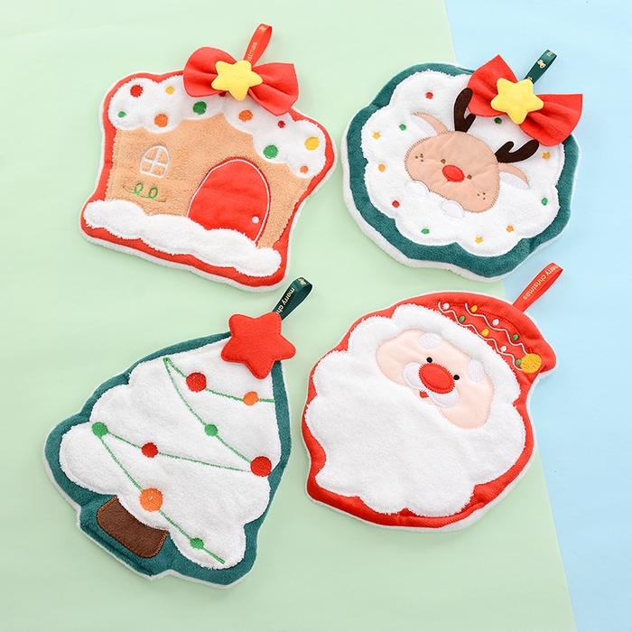 91家纺网 家纺一手货源 找家纺 （总）彩虹毛巾 2025新款珊瑚绒卡通可挂式加厚吸水不掉毛可爱小毛巾厨房洗手间挂巾便携式懒人擦手布-圣诞系列