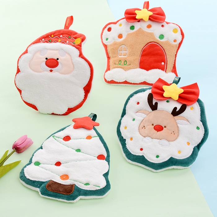 91家纺网 家纺一手货源 找家纺 彩虹毛巾 2025新款珊瑚绒卡通可挂式加厚吸水不掉毛可爱小毛巾厨房洗手间挂巾便携式懒人擦手布-圣诞系列 饼干人21*24cm 擦手巾/只