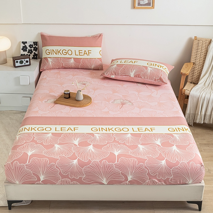 芃成家纺 2025新款加厚老粗布原棉床笠亲肤单床笠 流光银杏-粉