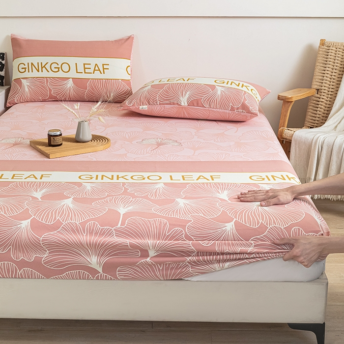 91家纺网 家纺一手货源 找家纺 芃成家纺 2025新款加厚老粗布原棉床笠亲肤单床笠 流光银杏-粉