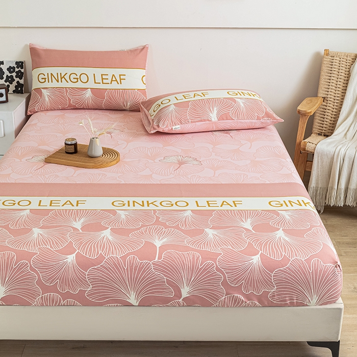 91家纺网 家纺一手货源 找家纺 芃成家纺 2025新款加厚老粗布原棉床笠亲肤单床笠 流光银杏-粉