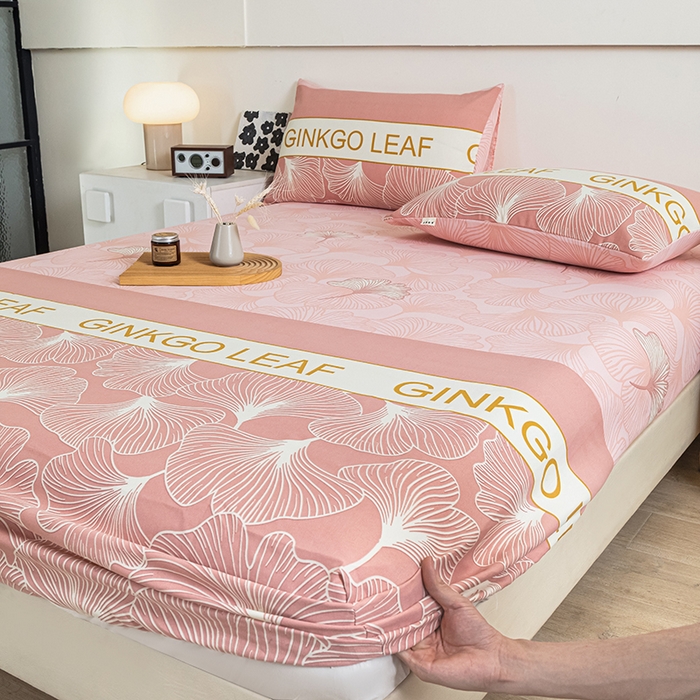 91家纺网 家纺一手货源 找家纺 芃成家纺 2025新款加厚老粗布原棉床笠亲肤单床笠 流光银杏-粉