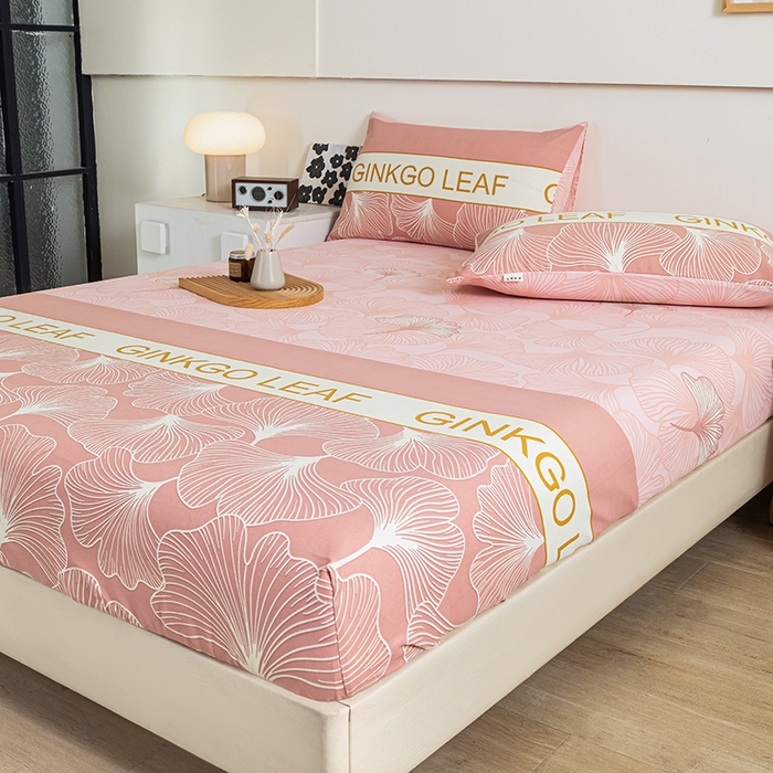 91家纺网 家纺一手货源 找家纺 芃成家纺 2025新款加厚老粗布原棉床笠亲肤单床笠 流光银杏-粉