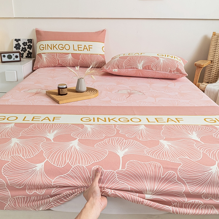 91家纺网 家纺一手货源 找家纺 芃成家纺 2025新款加厚老粗布原棉床笠亲肤单床笠 流光银杏-粉