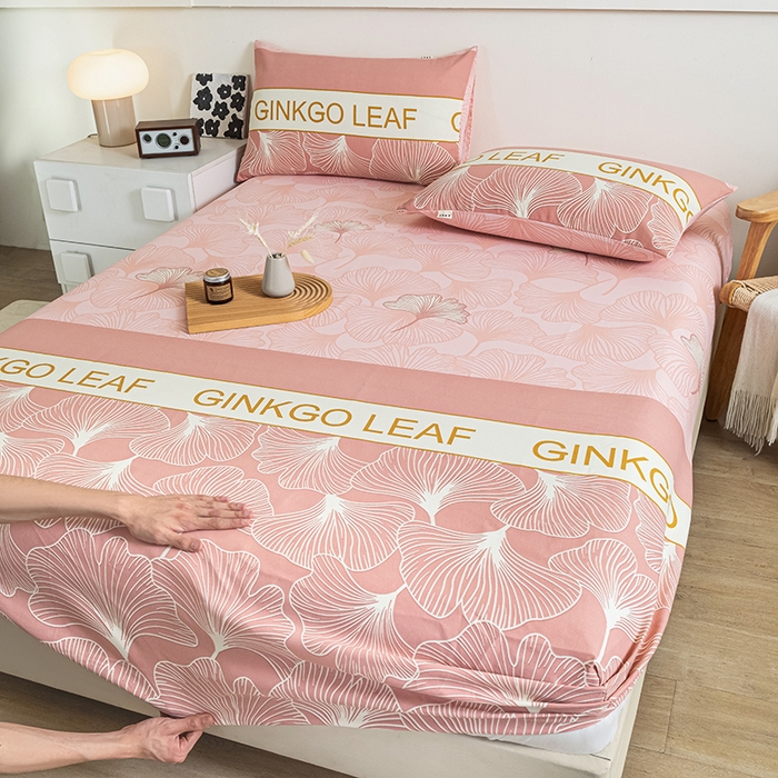 91家纺网 家纺一手货源 找家纺 芃成家纺 2025新款加厚老粗布原棉床笠亲肤单床笠 流光银杏-粉