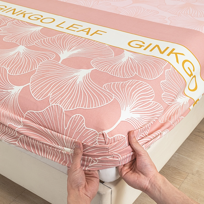 91家纺网 家纺一手货源 找家纺 芃成家纺 2025新款加厚老粗布原棉床笠亲肤单床笠 流光银杏-粉