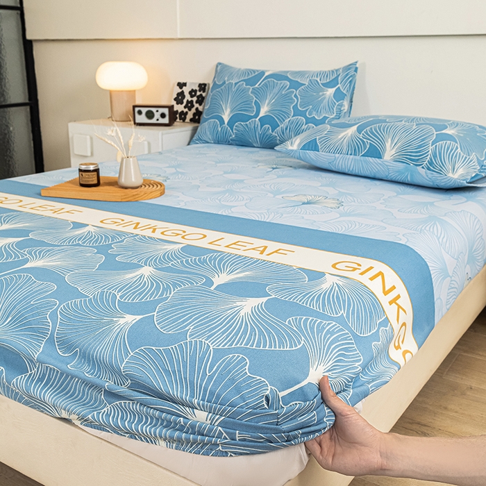 91家纺网 家纺一手货源 找家纺 芃成家纺 2025新款加厚老粗布原棉床笠亲肤单床笠 流光银杏-兰