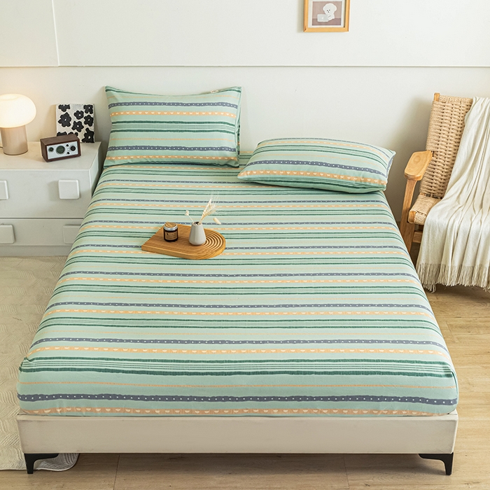 芃成家纺 2025新款加厚老粗布原棉床笠亲肤单床笠 律动-绿