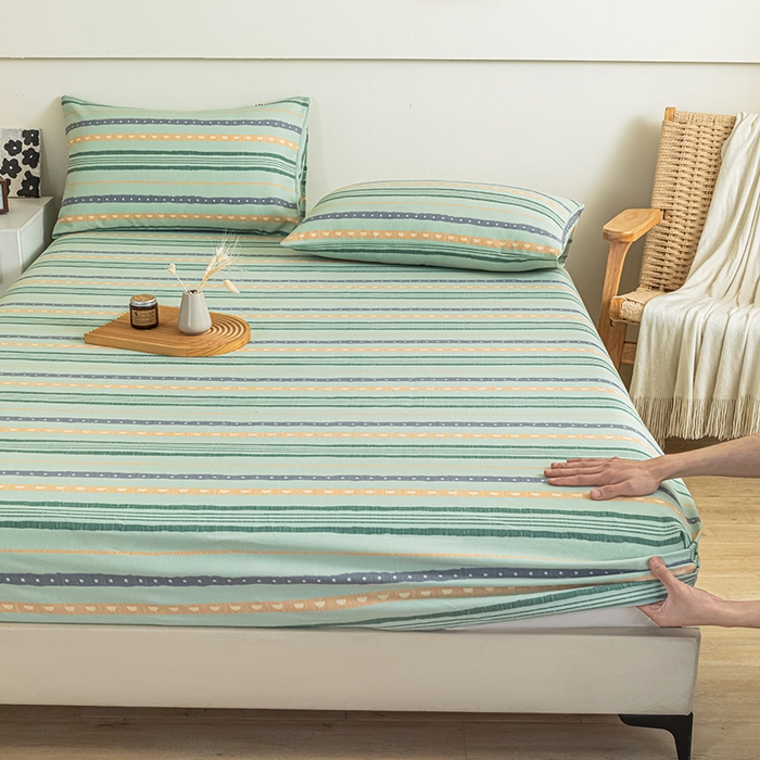 91家纺网 家纺一手货源 找家纺 芃成家纺 2025新款加厚老粗布原棉床笠亲肤单床笠 律动-绿