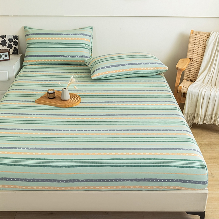 91家纺网 家纺一手货源 找家纺 芃成家纺 2025新款加厚老粗布原棉床笠亲肤单床笠 律动-绿