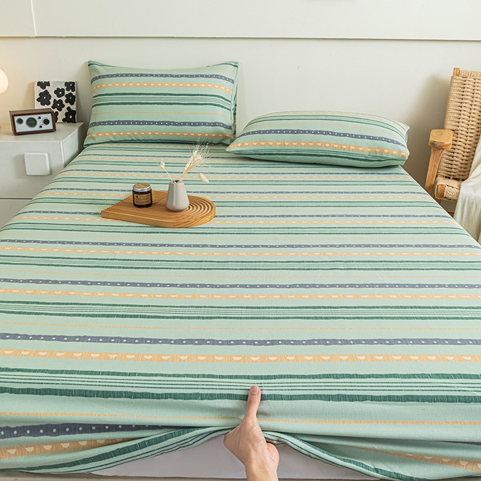 91家纺网 家纺一手货源 找家纺 芃成家纺 2025新款加厚老粗布原棉床笠亲肤单床笠 律动-绿