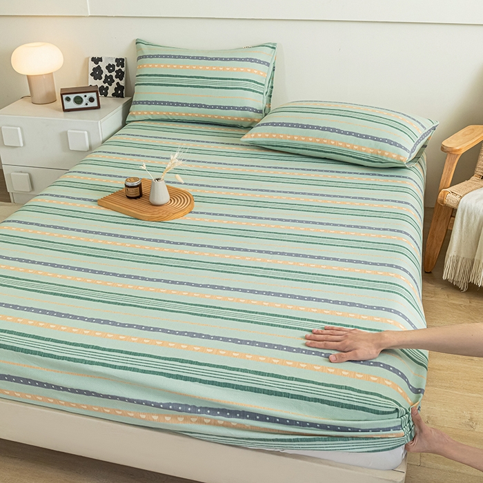 91家纺网 家纺一手货源 找家纺 芃成家纺 2025新款加厚老粗布原棉床笠亲肤单床笠 律动-绿