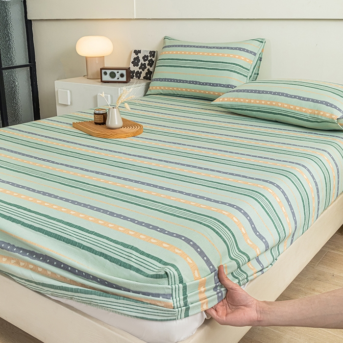 91家纺网 家纺一手货源 找家纺 芃成家纺 2025新款加厚老粗布原棉床笠亲肤单床笠 律动-绿