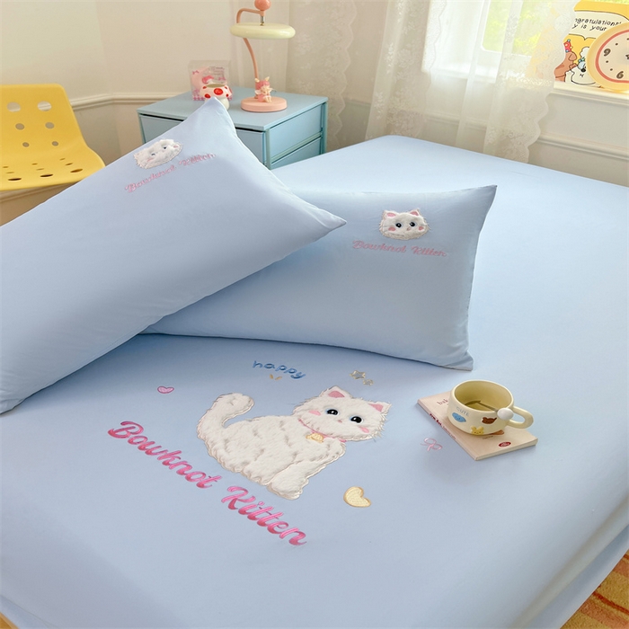 91家纺网 家纺一手货源 找家纺 梦舒羽 2025春夏新款水洗棉兔毛绒贴布绣枕套单枕套（带买家秀） 呆萌奶猫-海盐兰