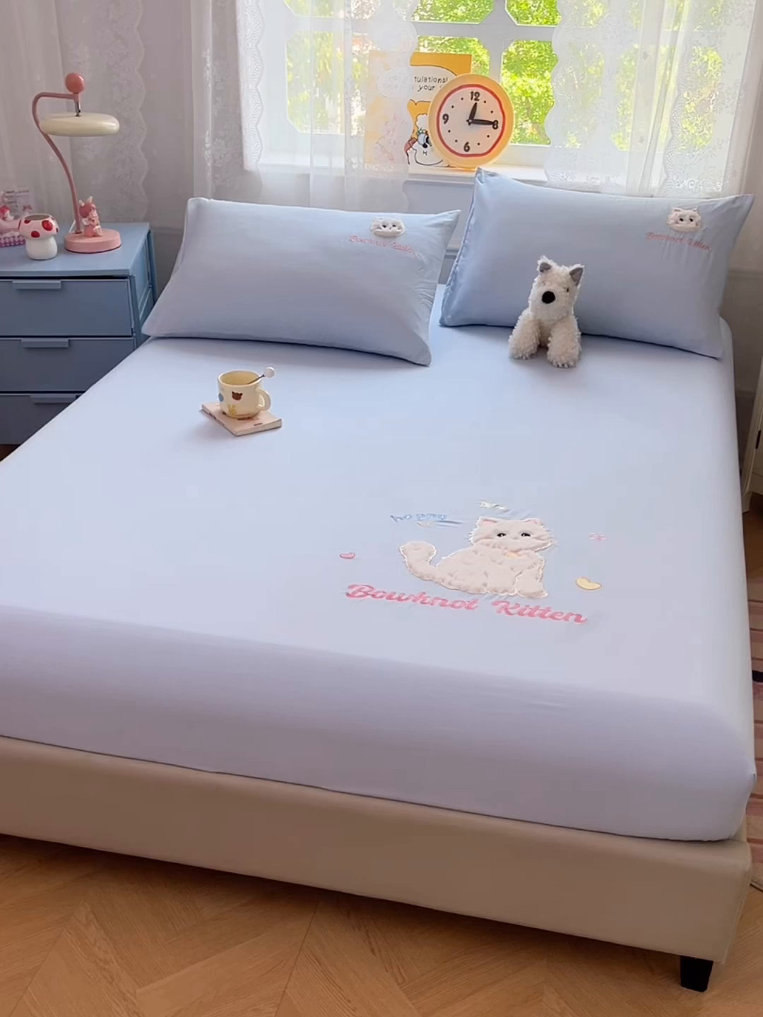 91家纺网 家纺一手货源 找家纺 梦舒羽 2025春夏新款水洗棉兔毛绒贴布绣枕套单枕套（带买家秀） 呆萌奶猫-海盐兰