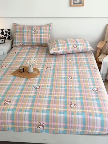 91家纺网 家纺一手货源 找家纺 芃成家纺 2025新款加厚老粗布原棉床笠亲肤单床笠 彩格兔