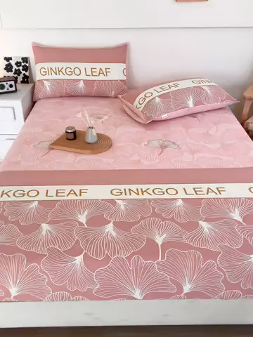 91家纺网 家纺一手货源 找家纺 芃成家纺 2025新款加厚老粗布原棉床笠亲肤单床笠 流光银杏-粉