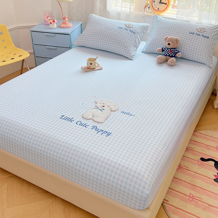 91家纺网 家纺一手货源 找家纺 梦舒羽 2025春夏新款兔毛贴布绣卡通ins风水洗棉床笠学生宿舍床罩床垫保护垫三件套（带买家秀） 萌萌幸运汪-冰川蓝格