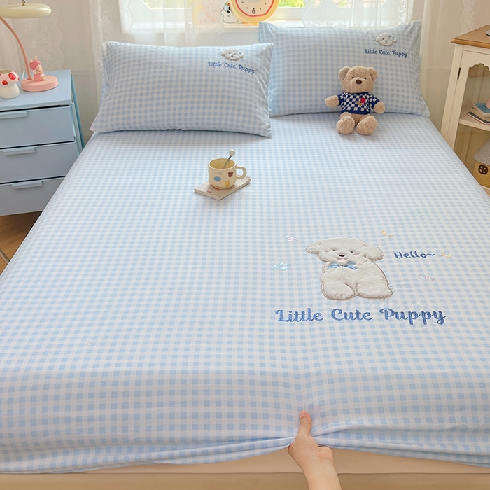 梦舒羽 2025春夏新款兔毛贴布绣卡通ins风水洗棉床笠学生宿舍床罩床垫保护垫三件套（带买家秀） 萌萌幸运汪-冰川蓝格