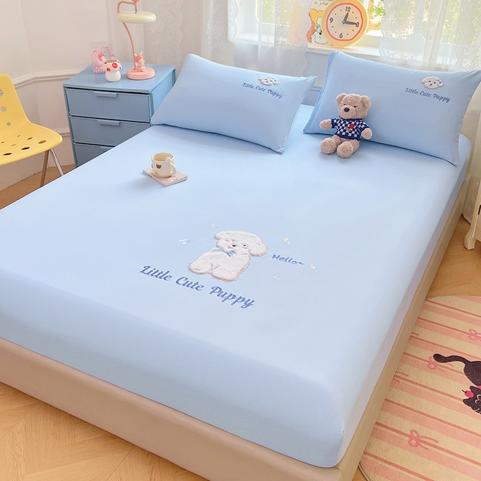 91家纺网 家纺一手货源 找家纺 梦舒羽 2025春夏新款兔毛贴布绣卡通ins风水洗棉床笠学生宿舍床罩床垫保护垫三件套（带买家秀） 萌萌幸运汪-海盐兰