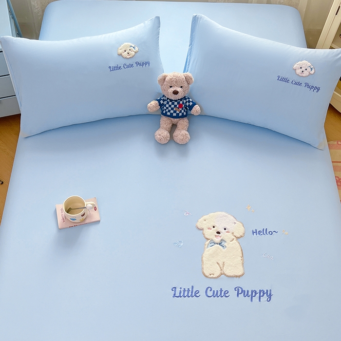 91家纺网 家纺一手货源 找家纺 梦舒羽 2025春夏新款兔毛贴布绣卡通ins风水洗棉床笠学生宿舍床罩床垫保护垫三件套（带买家秀） 萌萌幸运汪-海盐兰