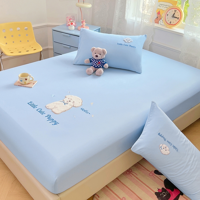 91家纺网 家纺一手货源 找家纺 梦舒羽 2025春夏新款兔毛贴布绣卡通ins风水洗棉床笠学生宿舍床罩床垫保护垫三件套（带买家秀） 萌萌幸运汪-海盐兰