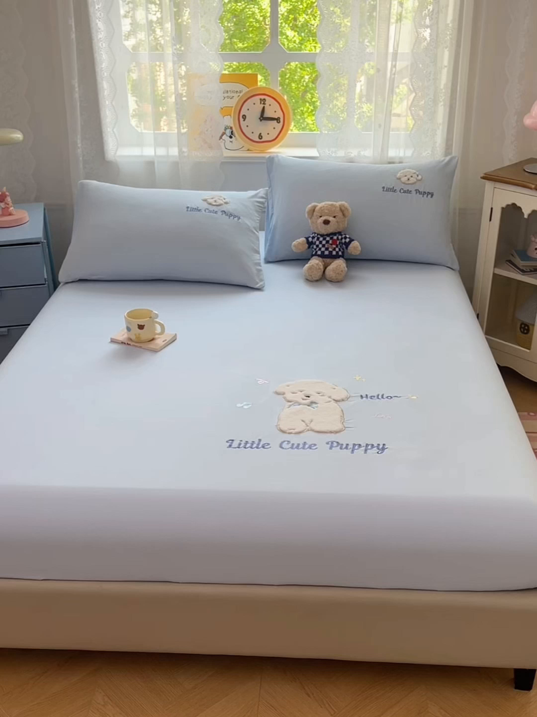 91家纺网 家纺一手货源 找家纺 梦舒羽 2025春夏新款兔毛贴布绣卡通ins风水洗棉床笠学生宿舍床罩床垫保护垫三件套（带买家秀） 萌萌幸运汪-海盐兰