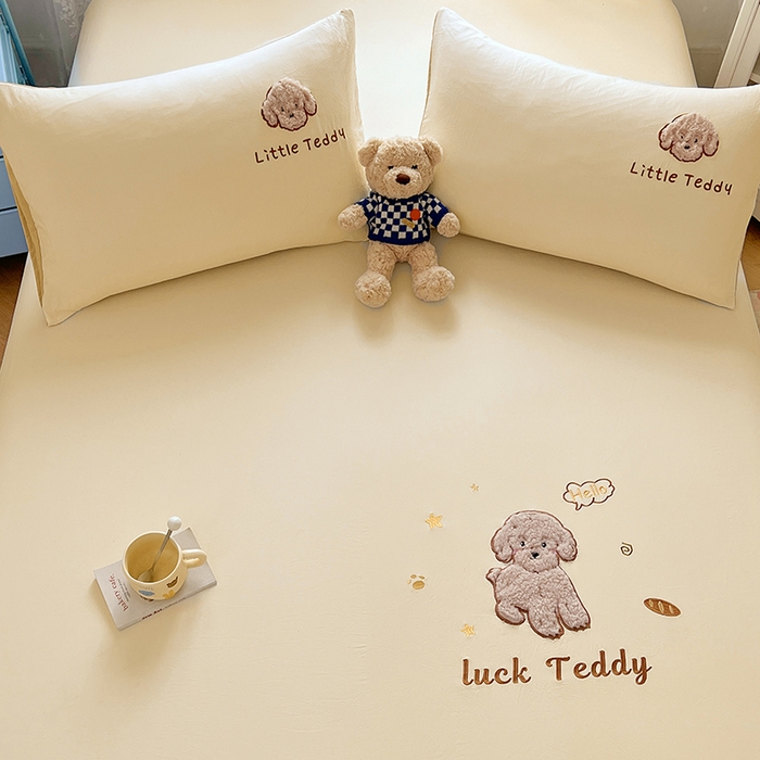 91家纺网 家纺一手货源 找家纺 梦舒羽 2025春夏新款兔毛贴布绣卡通ins风水洗棉床笠学生宿舍床罩床垫保护垫三件套（带买家秀） 泰迪卷卷-芝士黄