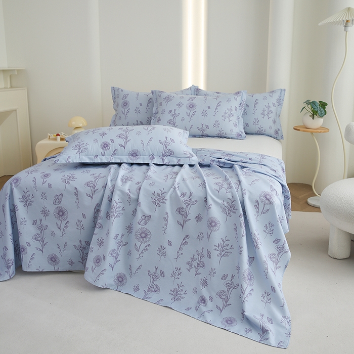 91家纺网 家纺一手货源 找家纺 优家居 2025新款纯棉13370床单单件印花100%全棉纯棉加厚大学生宿舍三件套 花草集-蓝