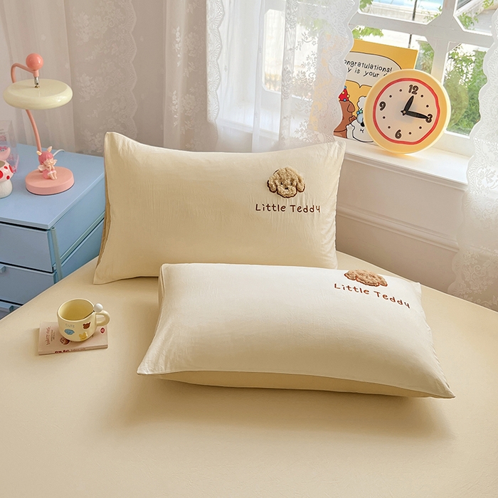 91家纺网 家纺一手货源 找家纺 梦舒羽 2025春夏新款兔毛贴布绣卡通ins风水洗棉床笠学生宿舍床罩床垫保护垫三件套（带买家秀） 泰迪卷卷-芝士黄