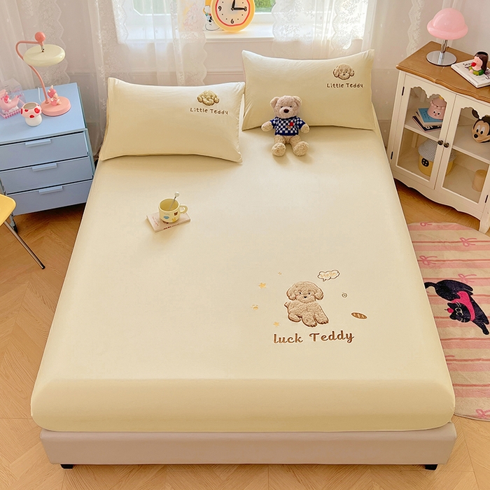 91家纺网 家纺一手货源 找家纺 梦舒羽 2025春夏新款兔毛贴布绣卡通ins风水洗棉床笠学生宿舍床罩床垫保护垫三件套（带买家秀） 泰迪卷卷-芝士黄