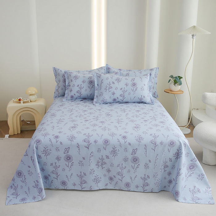 91家纺网 家纺一手货源 找家纺 优家居 2025新款纯棉13370床单单件印花100%全棉纯棉加厚大学生宿舍三件套 花草集-蓝