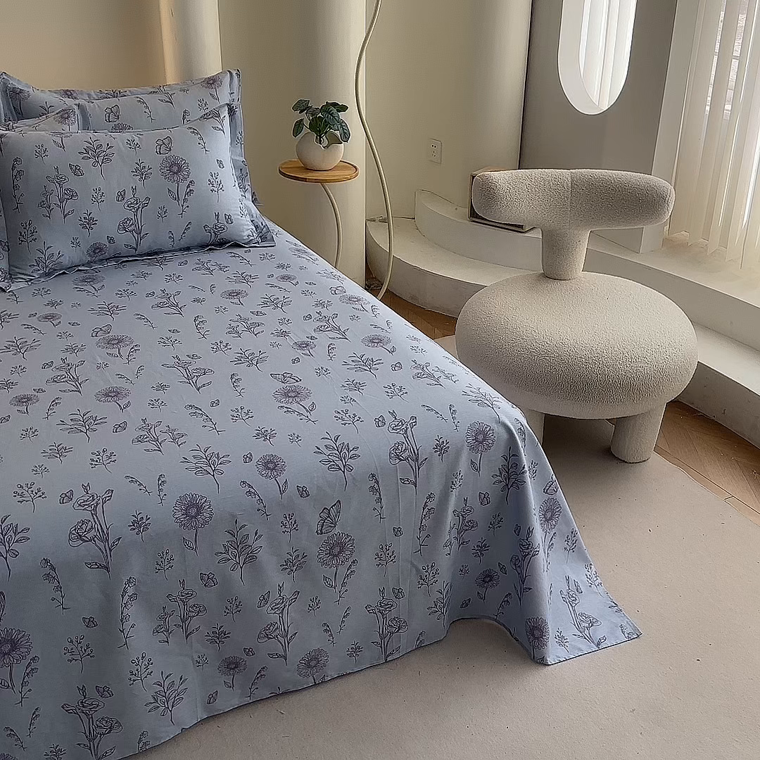 91家纺网 家纺一手货源 找家纺 优家居 2025新款纯棉13370床单单件印花100%全棉纯棉加厚大学生宿舍三件套 花草集-蓝