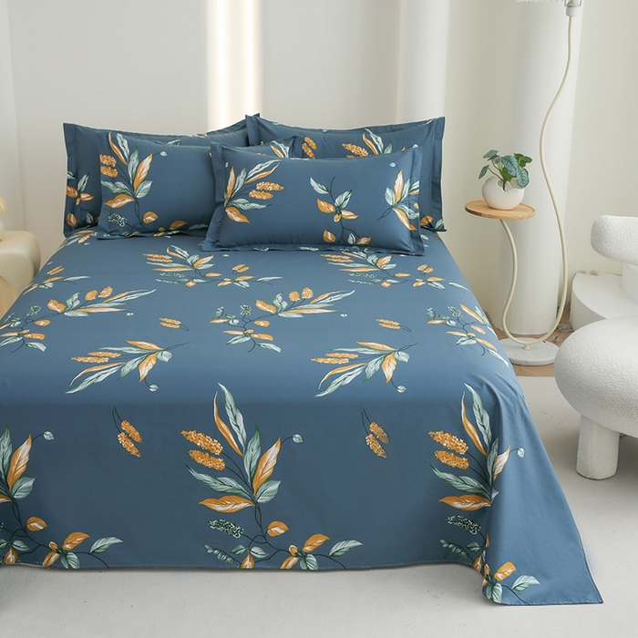 优家居 2025新款纯棉13370床单单件印花100%全棉纯棉加厚大学生宿舍三件套 蓝韵叶影