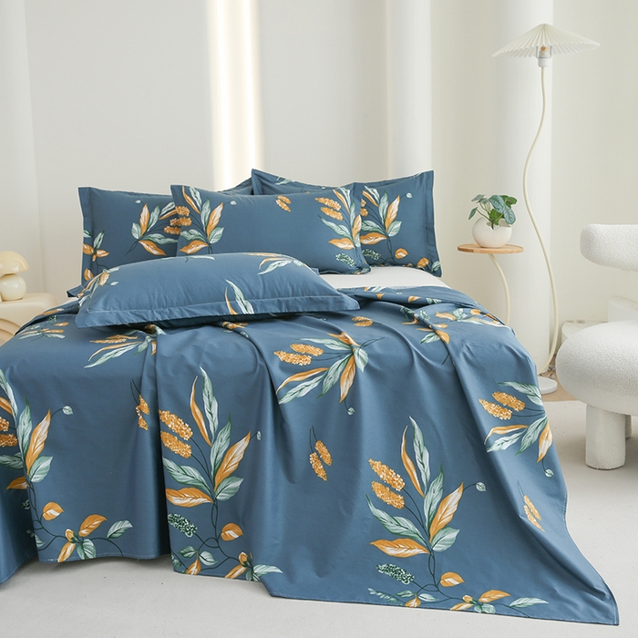 91家纺网 家纺一手货源 找家纺 优家居 2025新款纯棉13370床单单件印花100%全棉纯棉加厚大学生宿舍三件套 蓝韵叶影