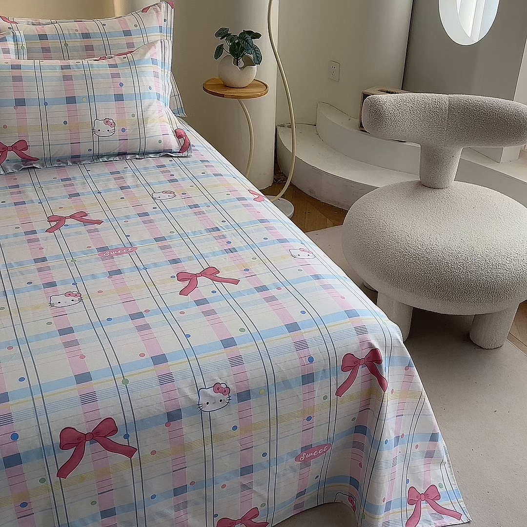 91家纺网 家纺一手货源 找家纺 优家居 2025新款纯棉13370床单单件印花100%全棉纯棉加厚大学生宿舍三件套 奶香猫咪