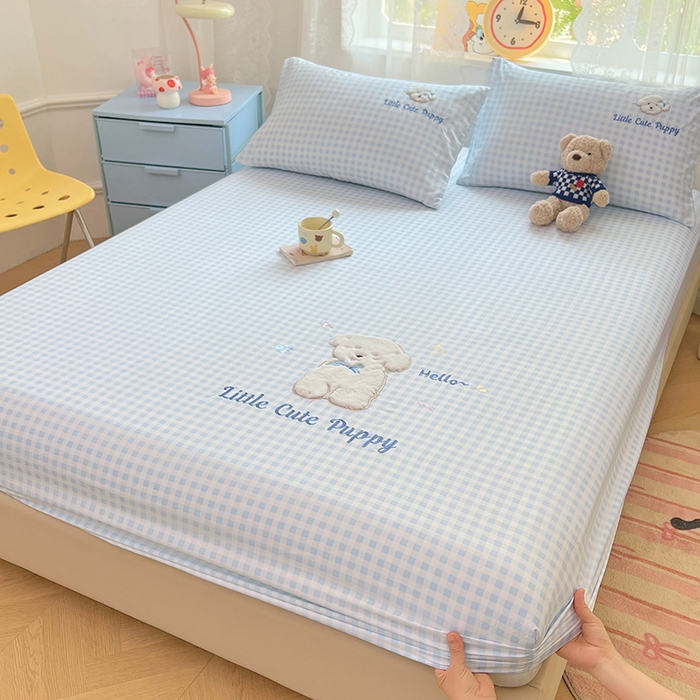 91家纺网 家纺一手货源 找家纺 （总）梦舒羽 2025春夏新款兔毛贴布绣卡通ins风水洗棉床笠学生宿舍床罩床垫保护垫三件套（带买家秀）