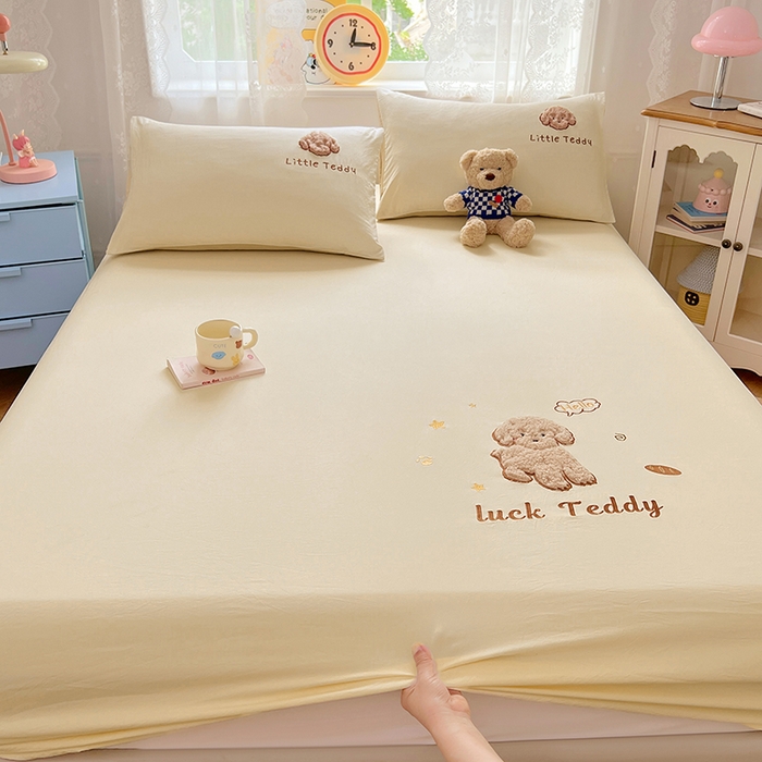 梦舒羽 2025春夏新款兔毛贴布绣卡通ins风水洗棉床笠学生宿舍床罩床垫保护垫三件套（带买家秀） 泰迪卷卷-芝士黄