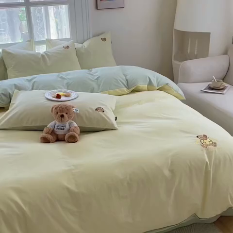 91家纺网 家纺一手货源 找家纺 泰迪爱兰Teddy ISLAND 2026新款32支全棉水洗棉绣花三件套四件套 嫩黄+水绿