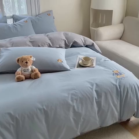 91家纺网 家纺一手货源 找家纺 泰迪爱兰Teddy ISLAND 2026新款32支全棉水洗棉绣花三件套四件套 浅灰兰+青灰