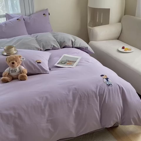 91家纺网 家纺一手货源 找家纺 泰迪爱兰Teddy ISLAND 2026新款32支全棉水洗棉绣花三件套四件套 浅雪青+青灰