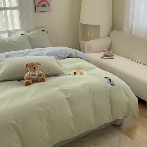 91家纺网 家纺一手货源 找家纺 泰迪爱兰Teddy ISLAND 2026新款32支全棉水洗棉绣花三件套四件套 水绿＋浅灰兰