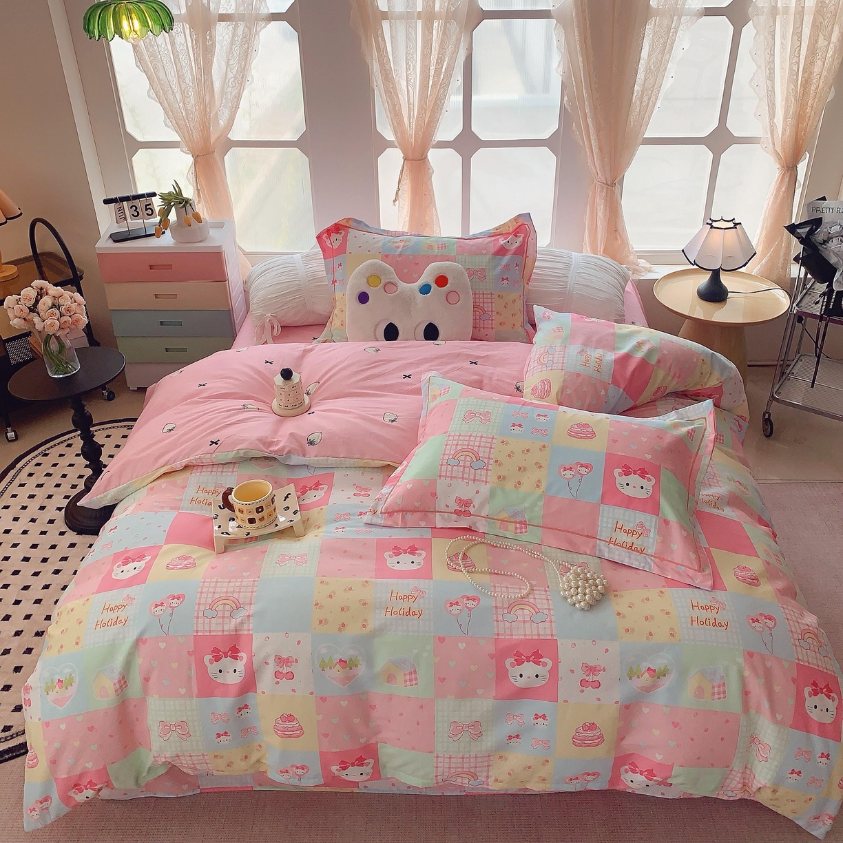 91家纺网 家纺一手货源 找家纺 莱豫家纺 2025新款亲肤舒适小清新印花纯棉四件套 百变猫咪