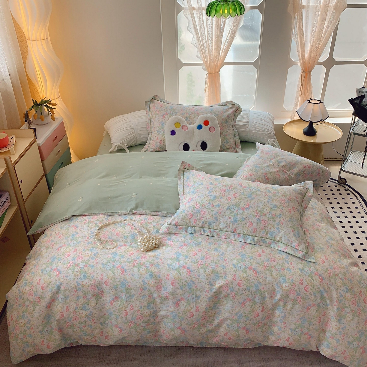 91家纺网 家纺一手货源 找家纺 莱豫家纺 2025新款亲肤舒适小清新印花纯棉四件套 碧野